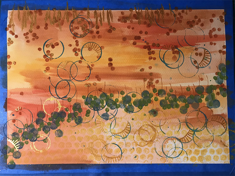 An abstract illustration on paper using warm colors and greens