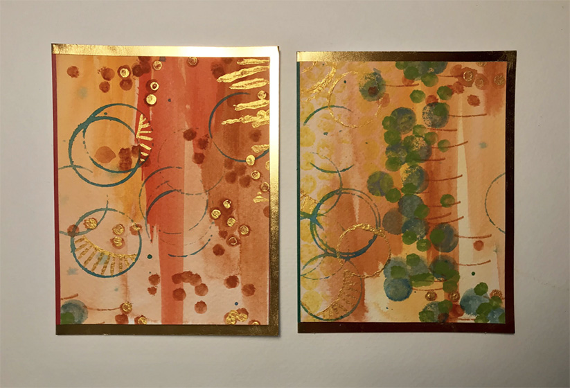 Two abstract illustrations on paper with circular motifs, using warm colors, greens, and golds 