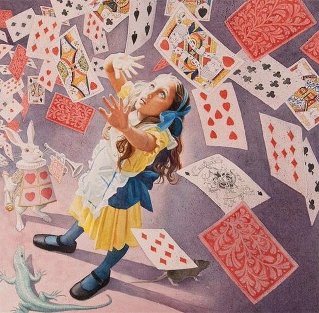 a painting of playing cards falling onto a girl in a blue and yellow dress
