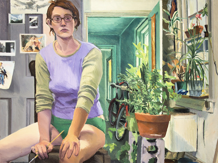 A painting of a woman in a room with plants, photos on the wall, and a bicycle