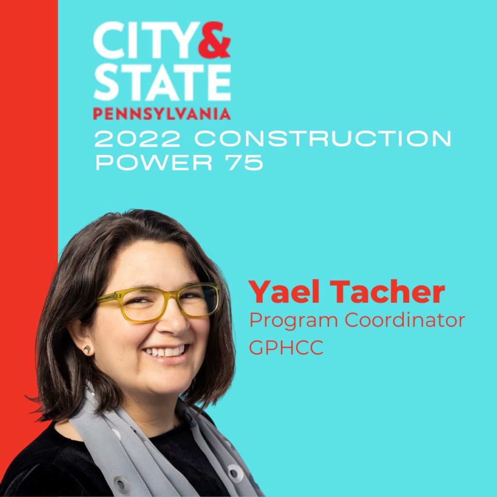 A portrait of Yael Tacher smiling that reads "City and State 2022 Construction Power 75"