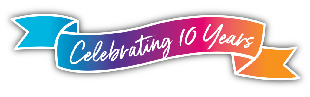 a colorful banner reading 'celebrating 10 years'