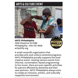 An image of two people dancing a music in the neighborhood program with text indicating that we won a gold first place Philly Favorites award in the category of Arts and Culture Event